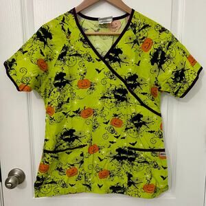 Uniform Advantage UA Scrubs | Halloween Pumpkin Witch Top | Green | Medium